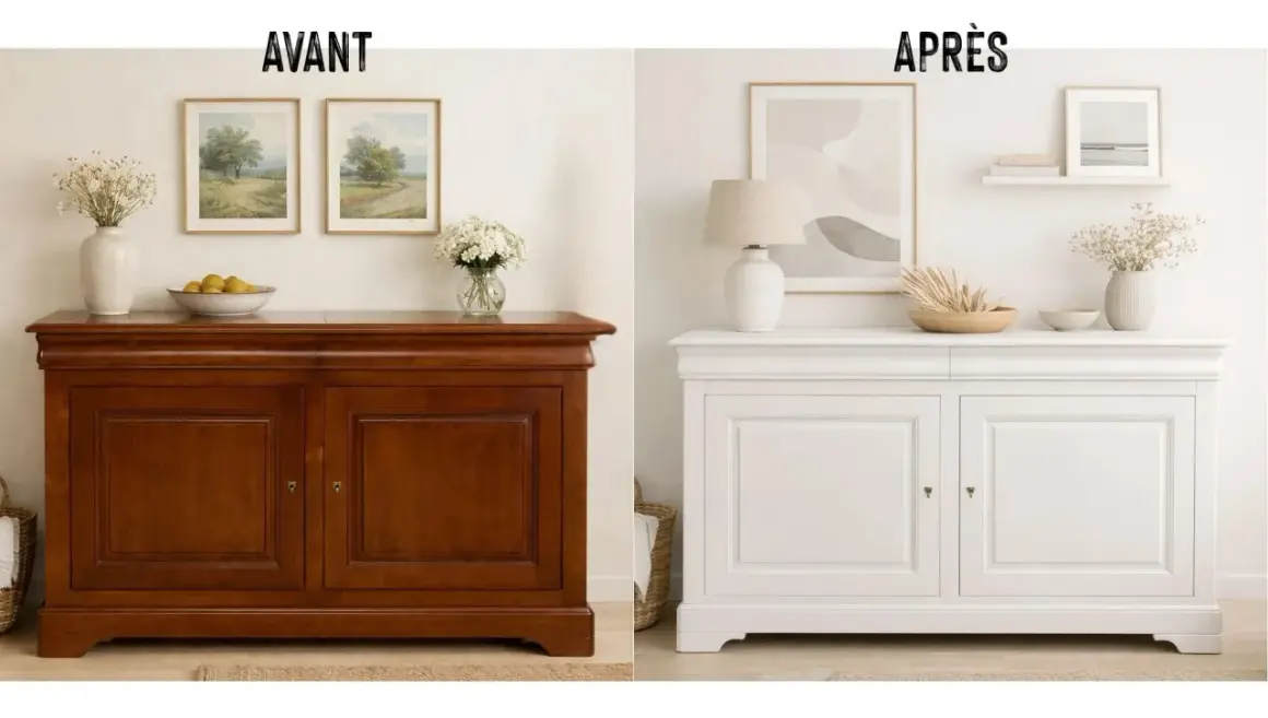 Avant/après : un meuble Louis Philippe brun transformé en blanc lumineux. Quelle couleur avec meuble Louis Philippe ? Le blanc apporte légèreté et modernité.