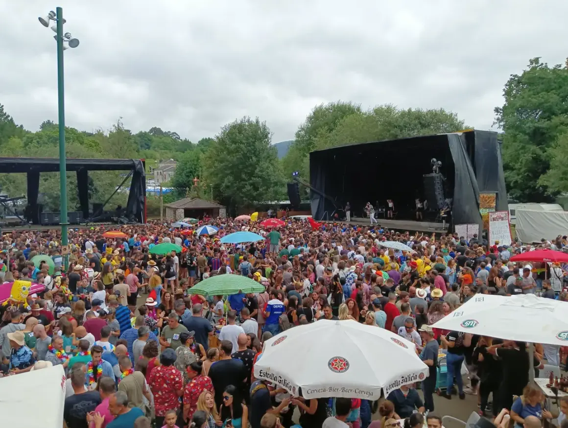 Multitud disfrutando de un concierto al aire libre en Naseiro, Viveiro. Gente bailando y animando bajo un cielo nublado.