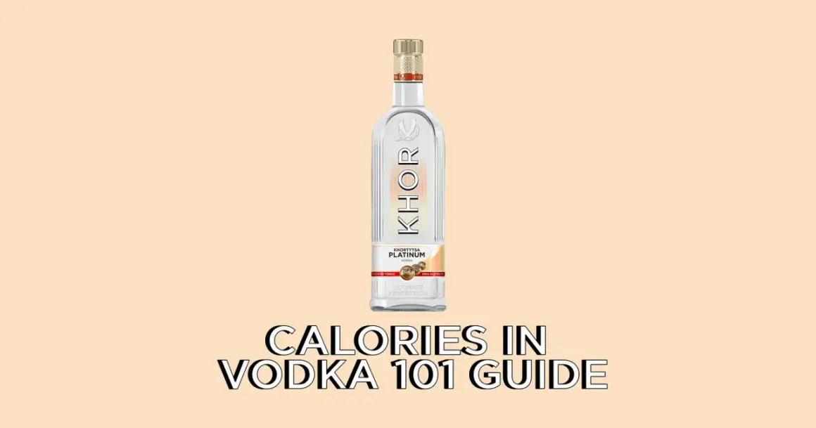 Butelka wódki Khor na beżowym tle. Tekst "CALORIES IN VODKA 101 GUIDE" podpowiada, ile kalorii ma pół litra wódki smakowej.