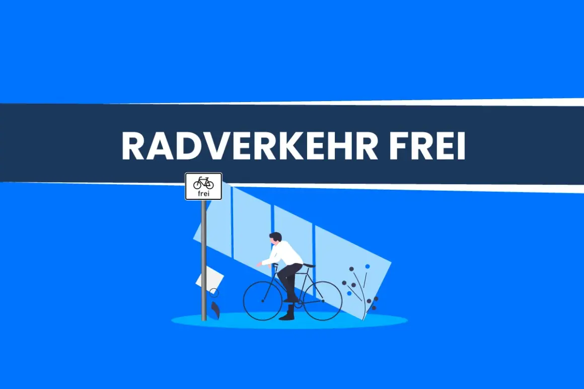 Radverkehr frei! Ein Mann fährt Fahrrad unter dem Zusatzzeichen 1022-10, das Radfahrern freie Fahrt signalisiert.