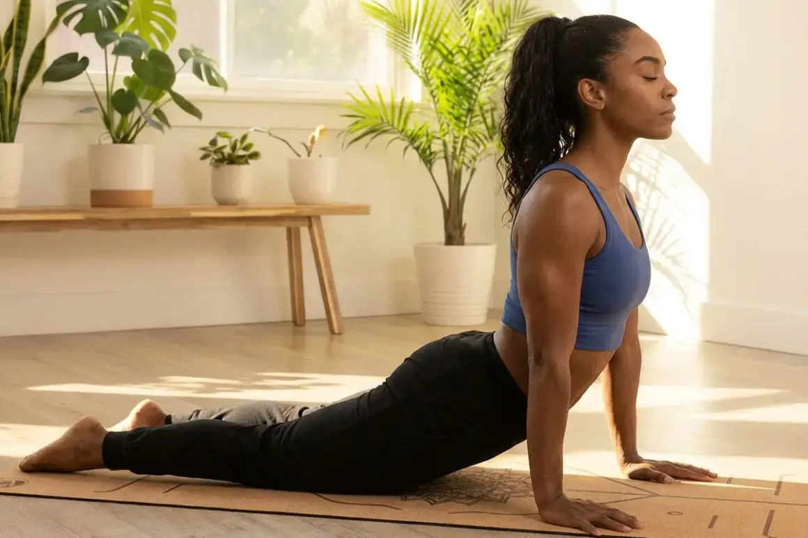 Frau in der Cobra-Pose (Bhujangasana) beim hata yoga. Sonnenschein beleuchtet den Raum, Pflanzen im Hintergrund.