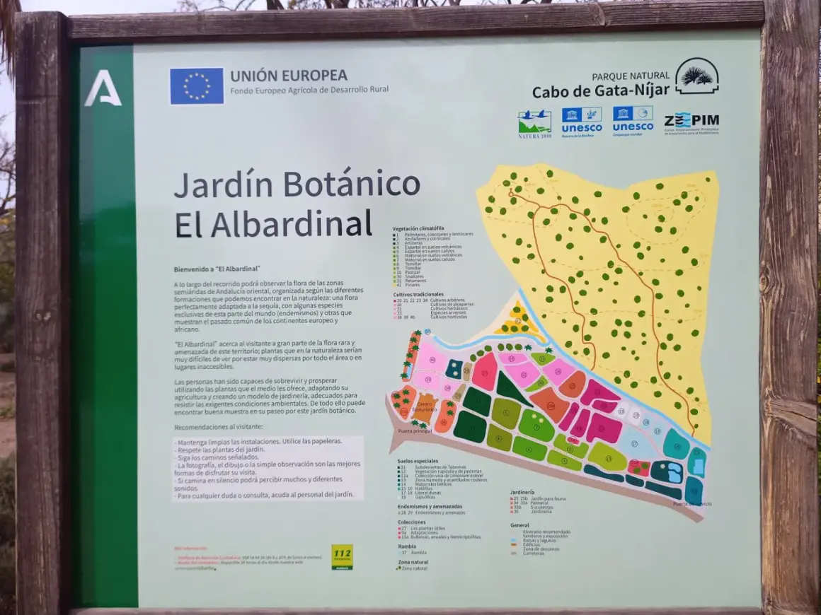 Mapa del jardín botánico El Albardinal en Cabo de Gata-Níjar, Almería. Muestra senderos, zonas de vegetación y jardines.