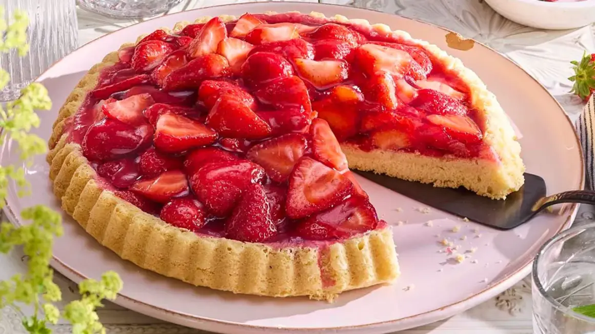 Ein saftiger Erdbeerkuchen, frisch belegt mit vielen roten Erdbeeren und glänzendem Tortenguss. Ein Stück ist bereits herausgeschnitten.
