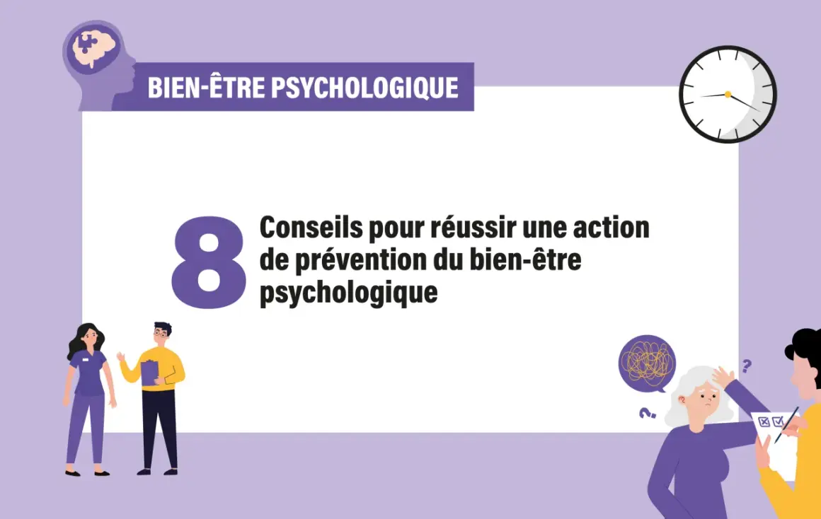 8 conseils pour améliorer le bien-être psychologique. Illustration de personnes discutant et d'un cerveau avec un puzzle.