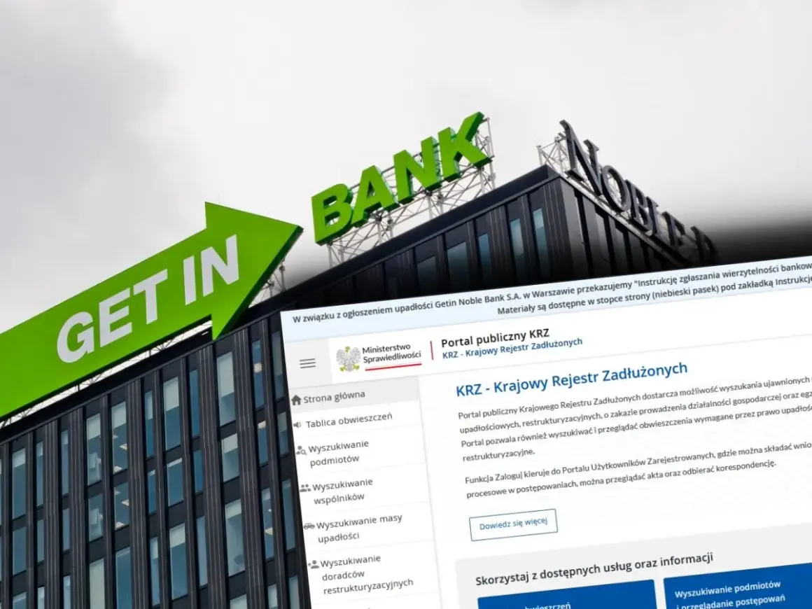 Budynek banku z napisem "BANK" i zielona strzałka "GET IN" symbolizują aferę Getin Bank. Na ekranie widoczny Krajowy Rejestr Zadłużonych.