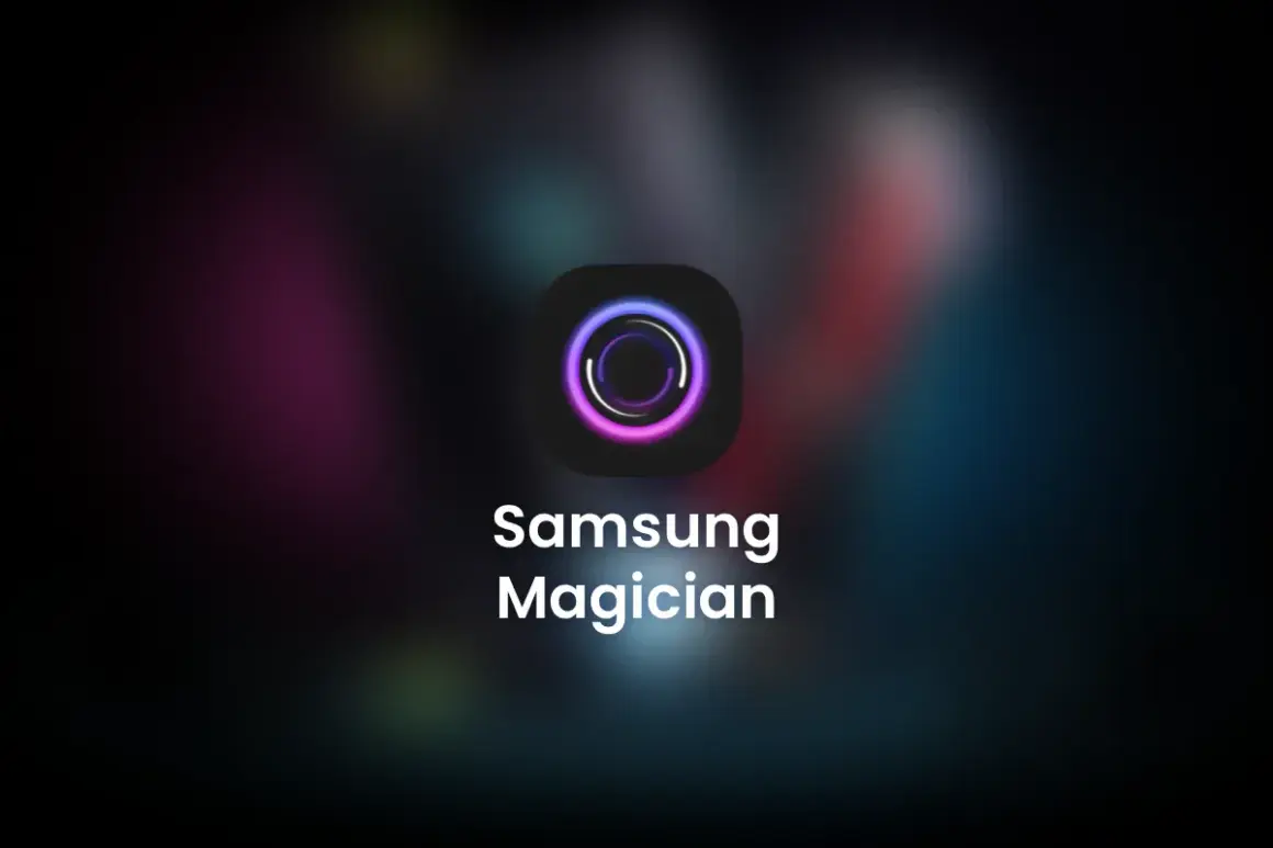 Ikona aplikacji Samsung Magician z neonowym okręgiem i nazwą programu.