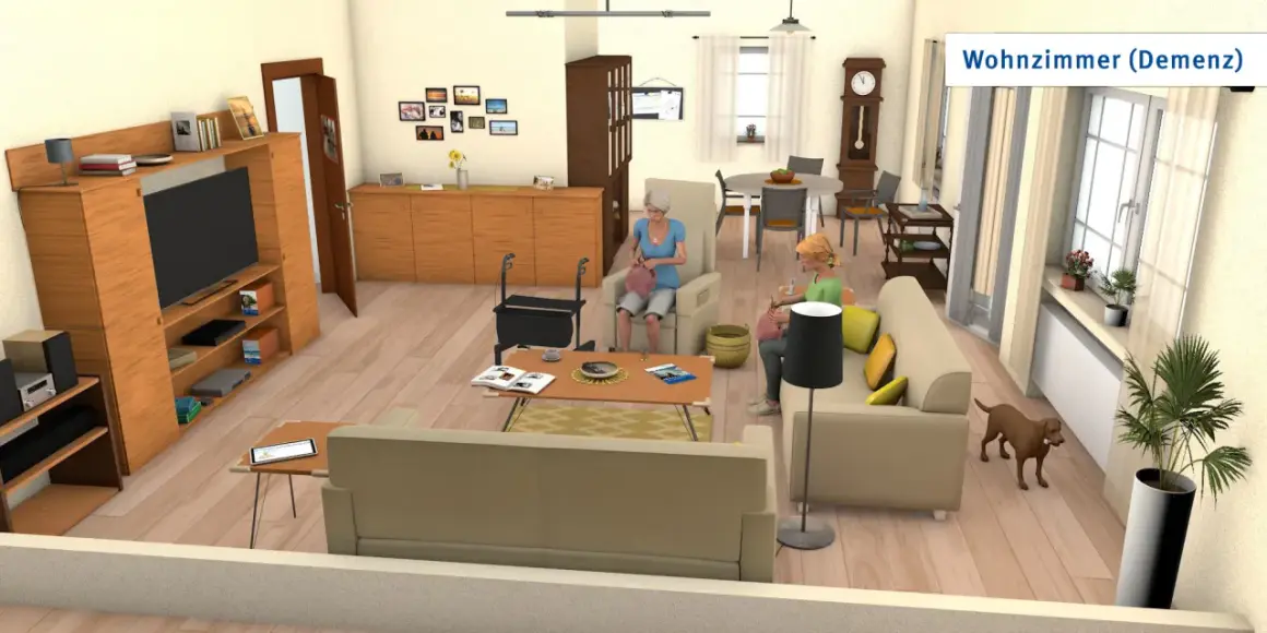 Gemütliches Wohnzimmer (Demenz) mit zwei Frauen, die stricken, einem Hund und einem Rollator.