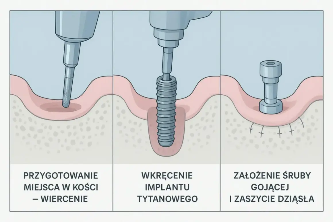 Wizualizacja etapy implantacji zęba: wiercenie, wkręcanie implantu tytanowego, założenie śruby gojącej. Czy implant zęba boli? Proces jest bezbolesny.