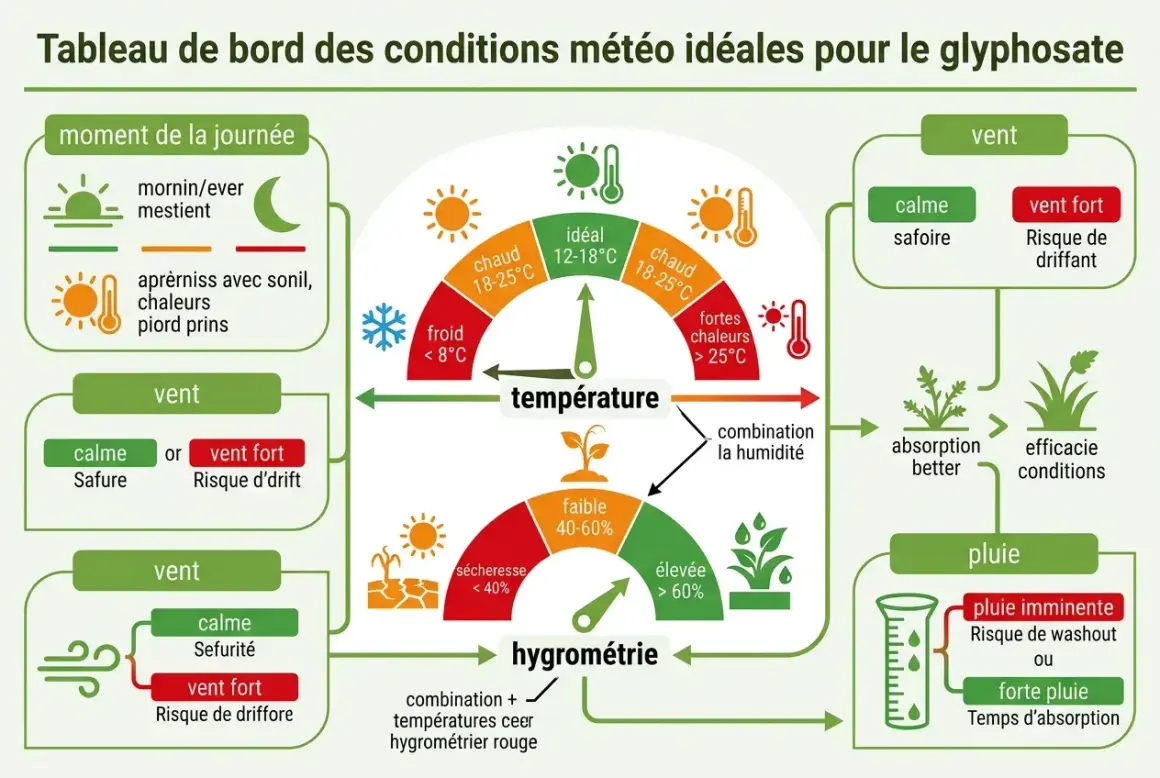 Tableau météo pour savoir quand mettre du désherbant glyphosate : idéalement par temps calme, chaud mais pas trop, et sec. Éviter le vent fort et la pluie.