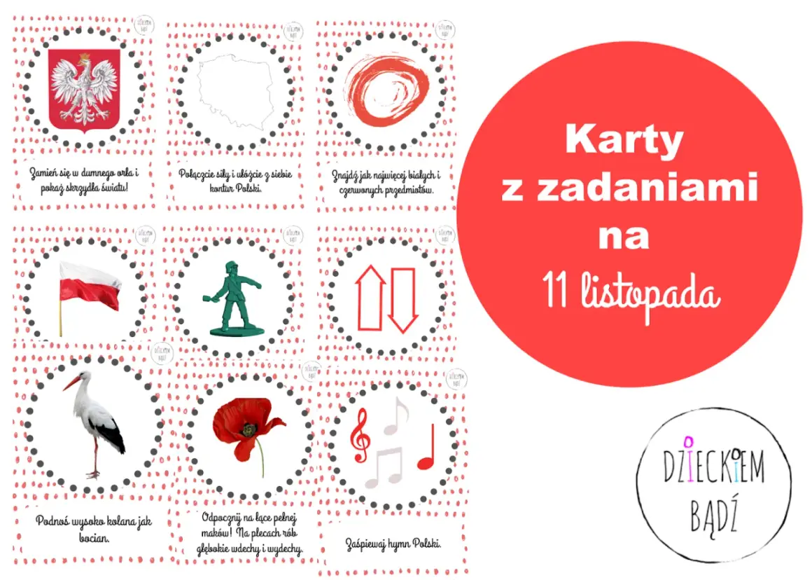 Karty pracy 11 listopada: orzeł, mapa Polski, żołnierz, bocian, mak, nuty. Zadania dla dzieci.