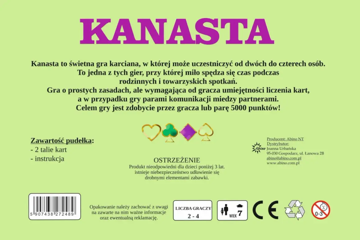 Gra karciana Kanasta to świetna zabawa dla 2-4 osób. W pudełku 2 talie kart i instrukcja. Idealna na rodzinne spotkania.