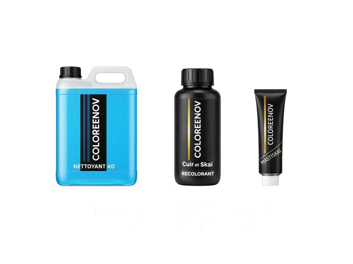 Kit de rénovation pour cuir et skai : nettoyant, recolorant et mastic pour redonner vie à vos articles.