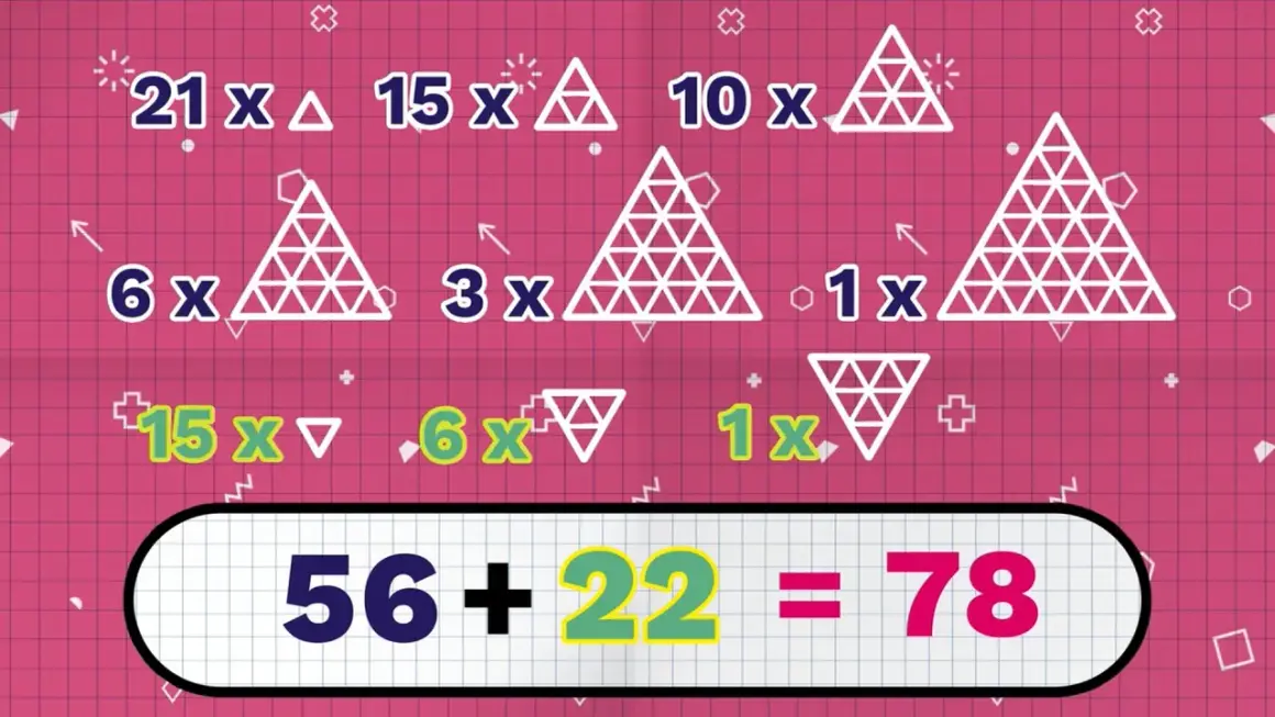 Zagadka o trójkącie: 21x△, 15x△, 10x△, 6x△, 3x△, 1x△, 15x▽, 6x▽, 1x▽. Wynik: 56+22=78.