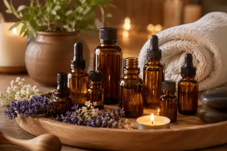 Aromatherapie wirkung liste: Braune Flaschen mit ätherischen Ölen, Lavendel, Kerzen und Handtuch für Entspannung.