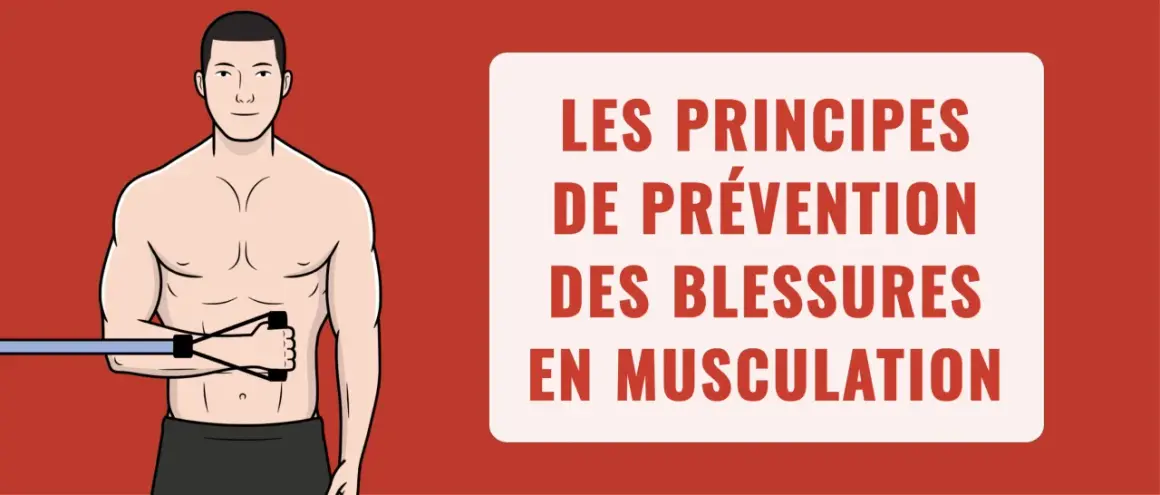 Un homme fait un échauffement muscu avec une bande élastique. Le texte indique "Les principes de prévention des blessures en musculation".