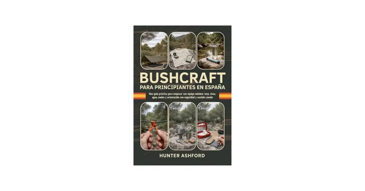 Guía de buscraft para principiantes en España. Muestra equipo esencial: tarp, mapa, brújula, cantimplora, kit de nudos y botiquín.