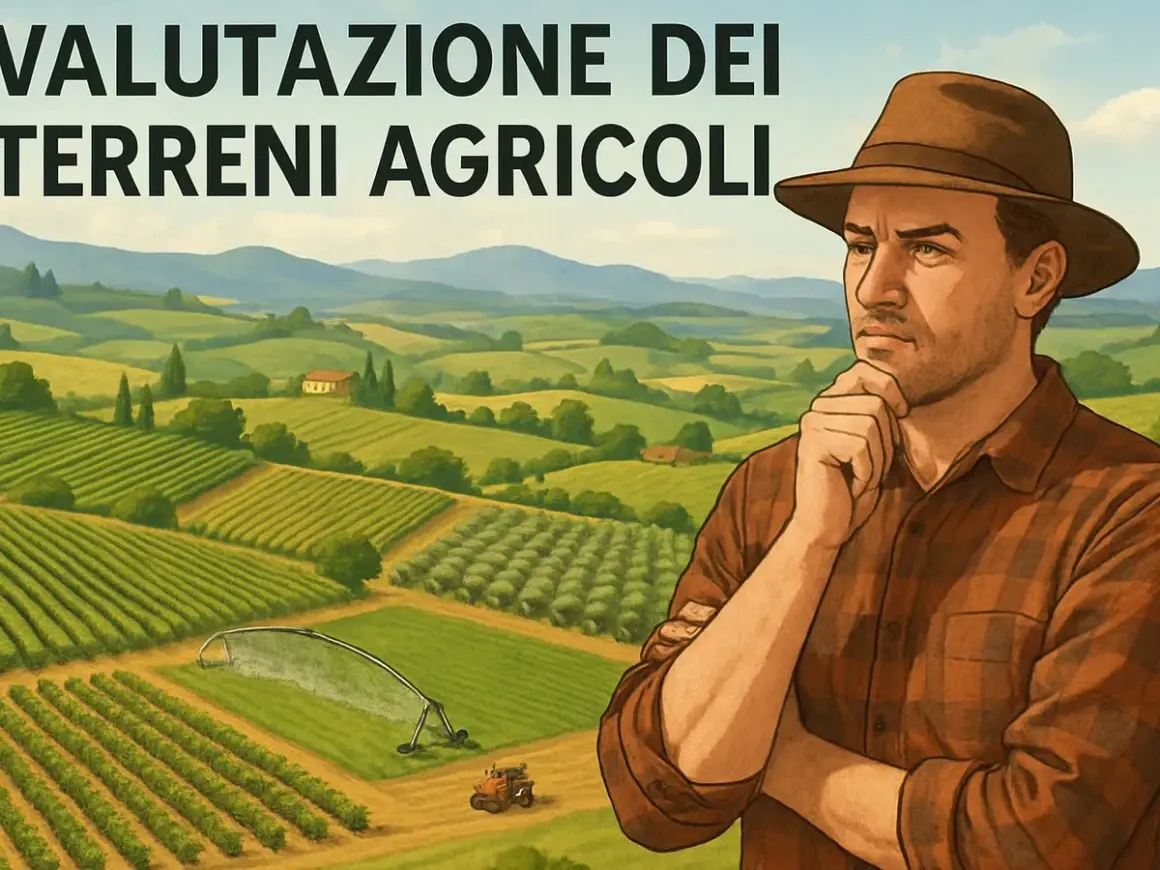 Un contadino pensa: quanto vale una pertica di terreno agricolo? Campi verdi irrigati, colline e un casolare sullo sfondo.