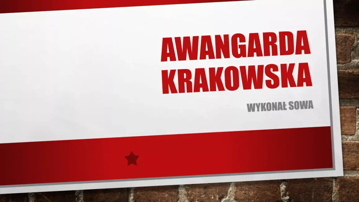 Tytuł "AWANGARDA KRAKOWSKA" i nazwisko "WYKONAL SOWA" na tle ceglanej ściany.