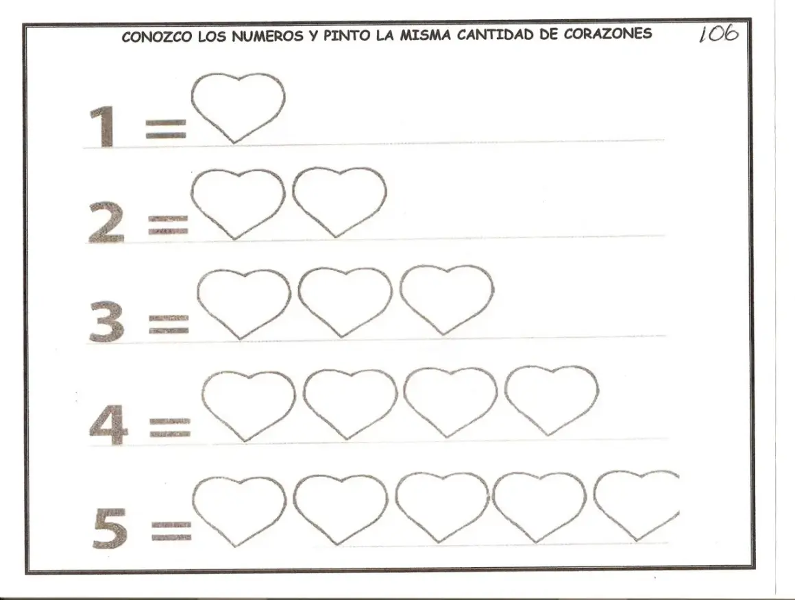 Fichas para niños de 3 años: números del 1 al 5 con corazones para contar y colorear.