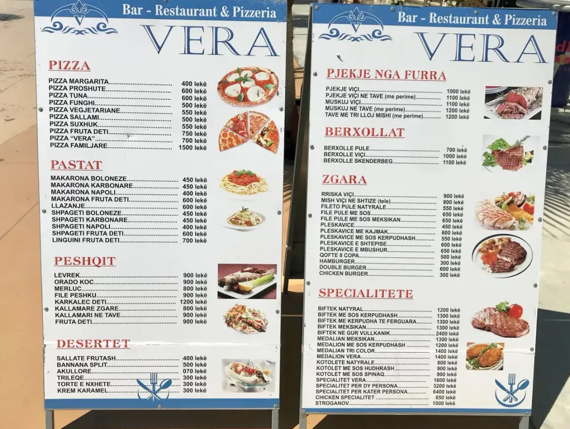 Menu restauracji VERA w Albanii: pizza, makarony, ryby, mięsa i desery. Pyszne albania jedzenie!