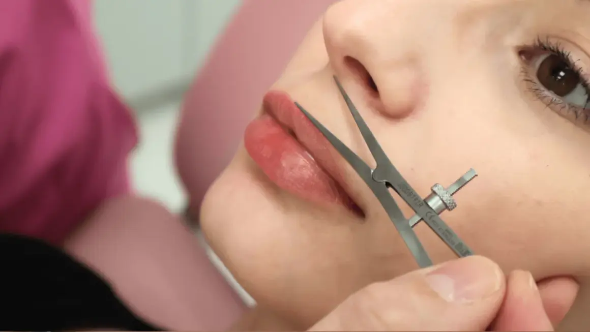 Precyzyjne pomiary przed zabiegiem lip lift. Dłoń chirurga z narzędziem przy ustach pacjentki.