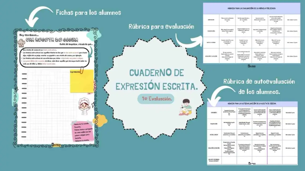 Cuadernillo de expresión escrita para imprimir, con actividades sobre recetas de cocina y rúbricas de evaluación.