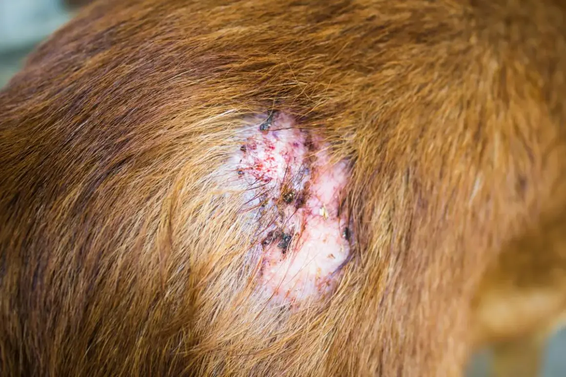 Lesión en la piel de un perro, posible comienzo de sarna. Se observa pérdida de pelo, enrojecimiento y costras.
