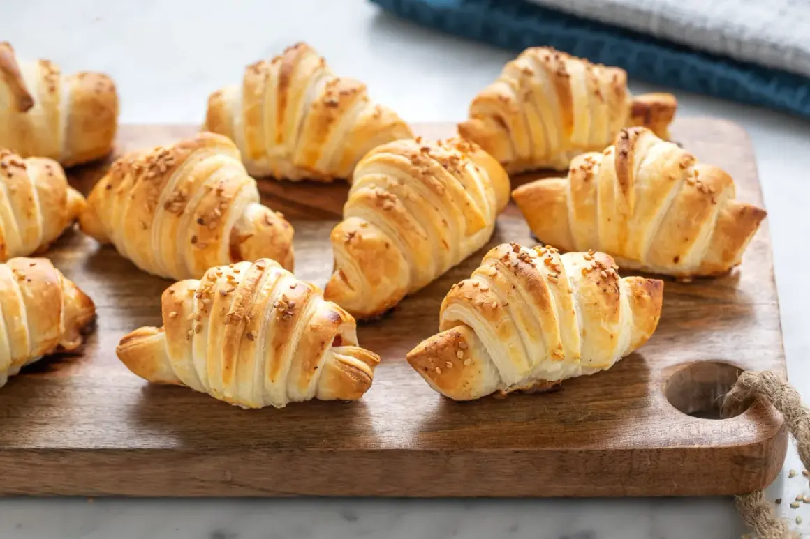 Croissant dorati su tagliere di legno, perfetti per una ricetta pasta sfoglia veloce.