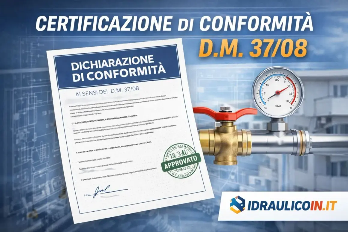 Certificazione di conformità impianto idraulico con manometro e valvola. Documento "Dichiarazione di Conformità" approvato.