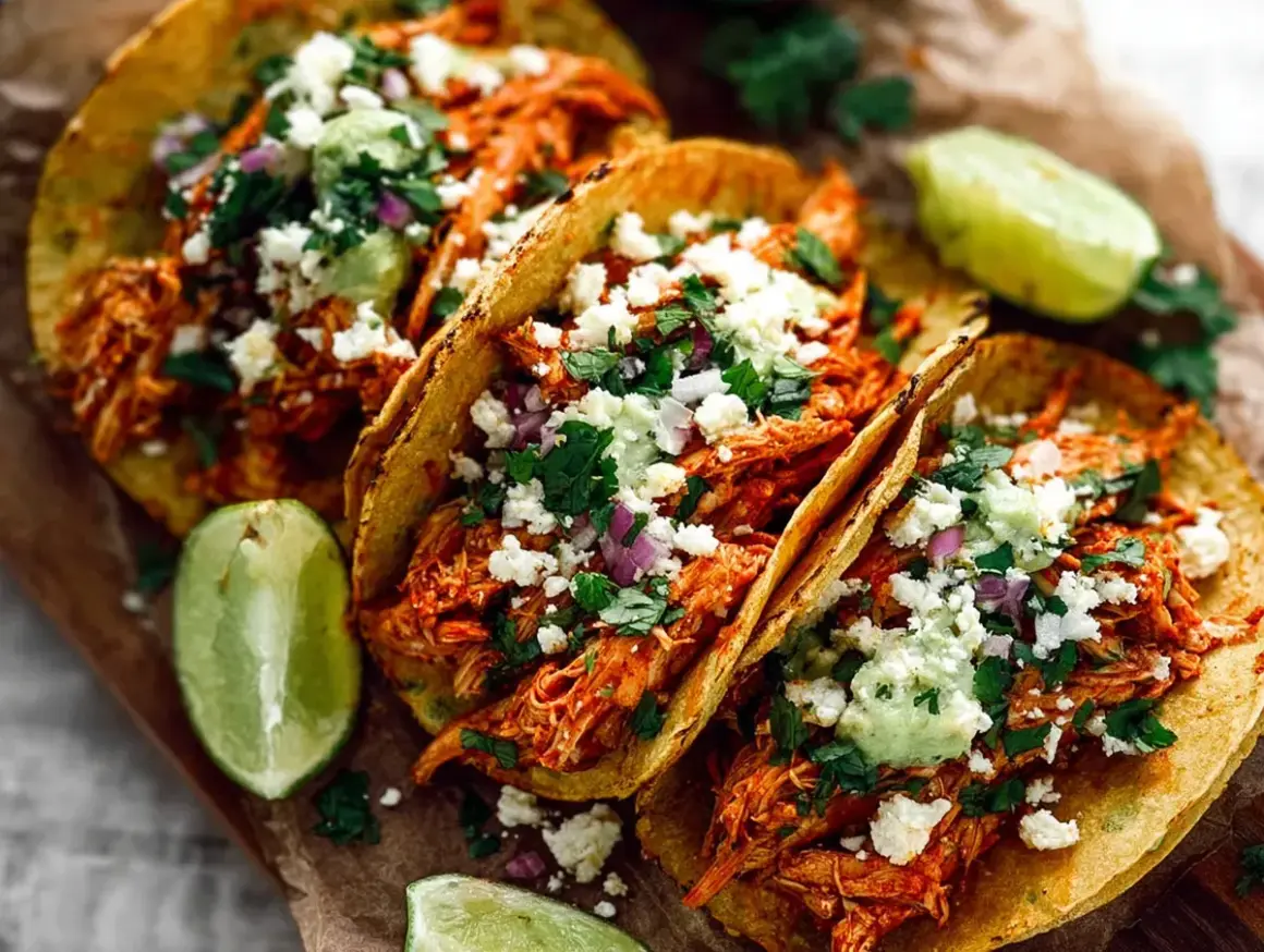 Tre saftiga kycklingtinga-tacos med ost, koriander och lime. En fest för ögat och magen!
