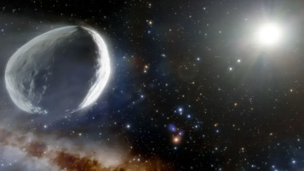 Un gros poisson comète taille adulte, illuminé par le soleil, traverse un champ d'étoiles et de nébuleuses.