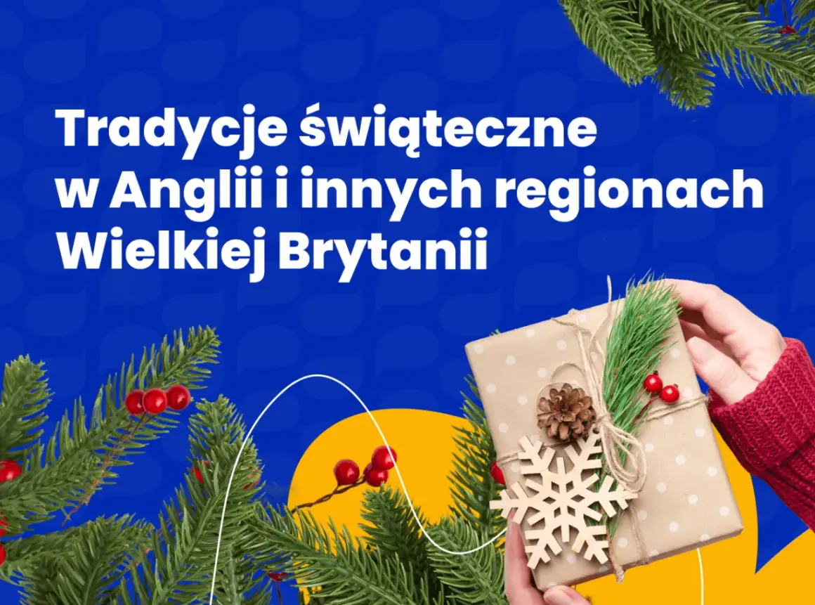 Święta w Anglii i Wielkiej Brytanii: prezent ozdobiony płatkiem śniegu i gałązką iglaków.