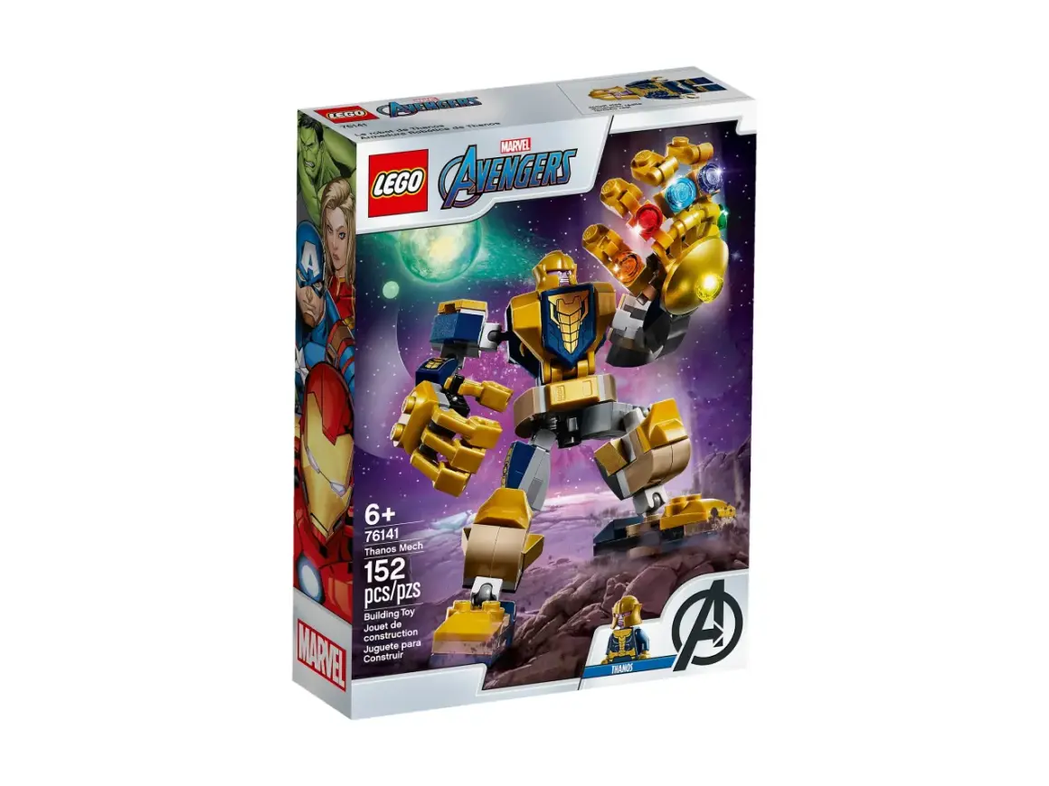 Zestaw LEGO 76141: Thanos Mech z Rękawicą Nieskończoności, gotowy do walki z Avengersami.