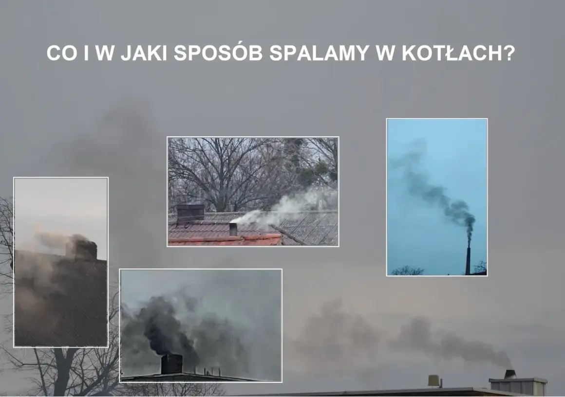 Dym z komina, biały i czarny, unosi się na tle pochmurnego nieba. Różne rodzaje dymu z komina pokazują różne sposoby spalania.
