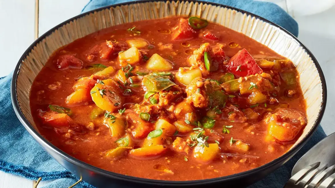 Herzhafter Bauerntopf mit Kartoffeln, Paprika und Hackfleisch in Tomatensauce. Ein tolles Bauerntopf Rezept für kalte Tage.