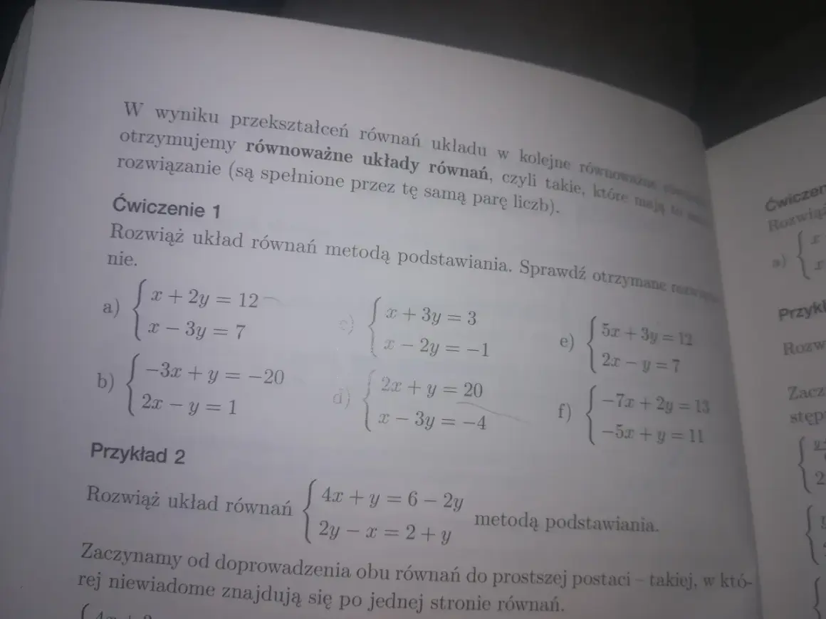 Ćwiczenie 1: Rozwiąż układ równań metodą podstawiania. Przykłady a-f pokazują różne układy równań liniowych.