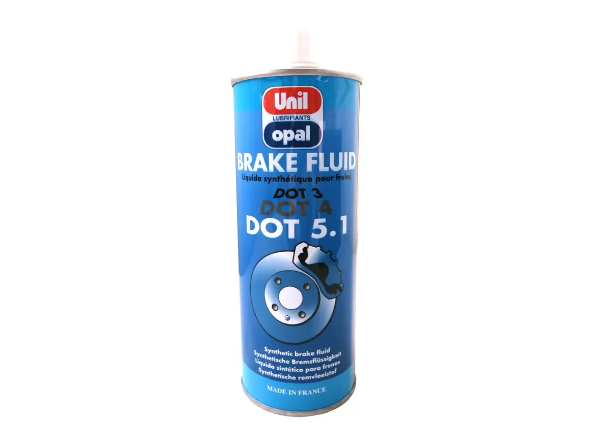 Bidon de liquide de frein synthétique Unil Opal, compatible DOT 4 ou DOT 5.1, avec illustration de disque de frein. Fabriqué en France.