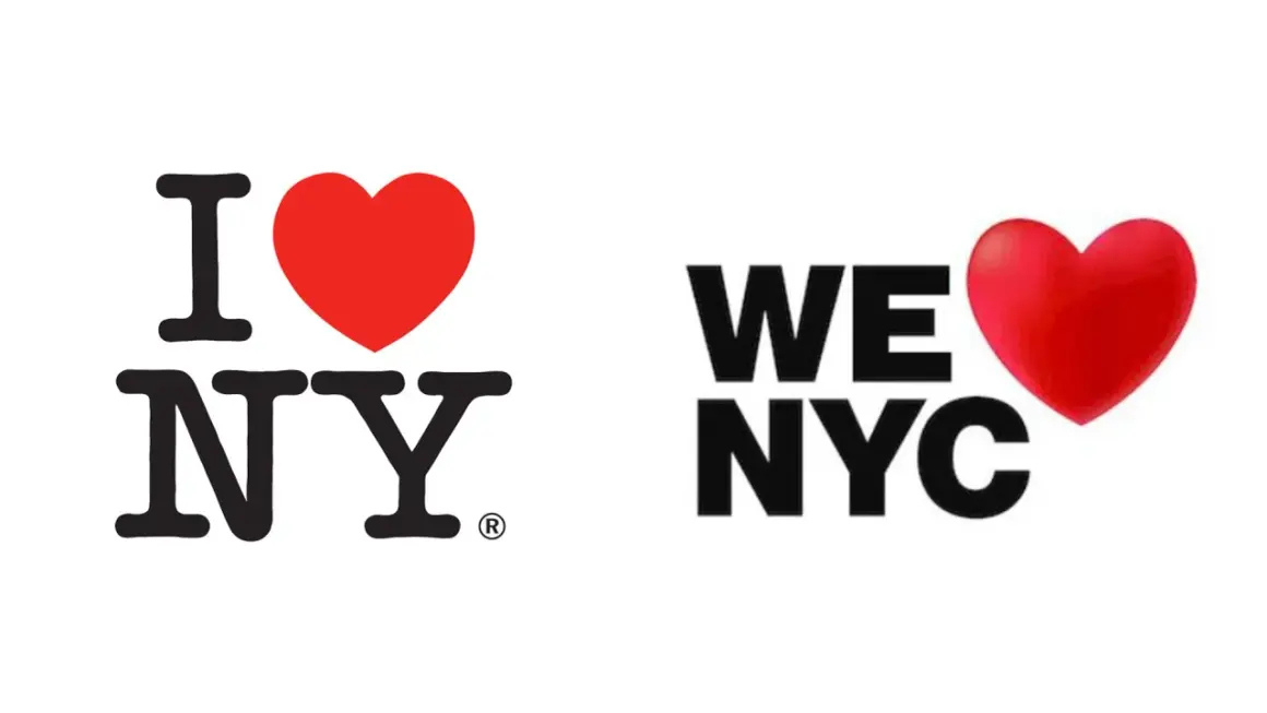 The iconic "I love NY logo" is shown next to a "We NYC" logo, both featuring a red heart and bold lettering.