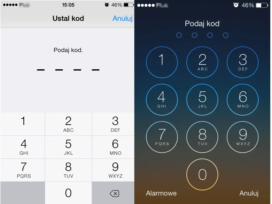 Blokada ekranu iPhone. Ustawianie kodu PIN, widoczna klawiatura numeryczna i cztery kreski symbolizujące wprowadzane cyfry.
