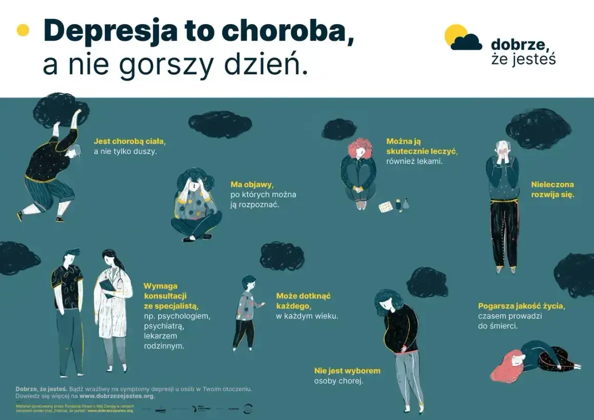 Ilustracja pokazuje, że depresja to choroba, a nie gorszy dzień. Wskazuje na objawy, leczenie (w tym hormony) i potrzebę konsultacji ze specjalistą.