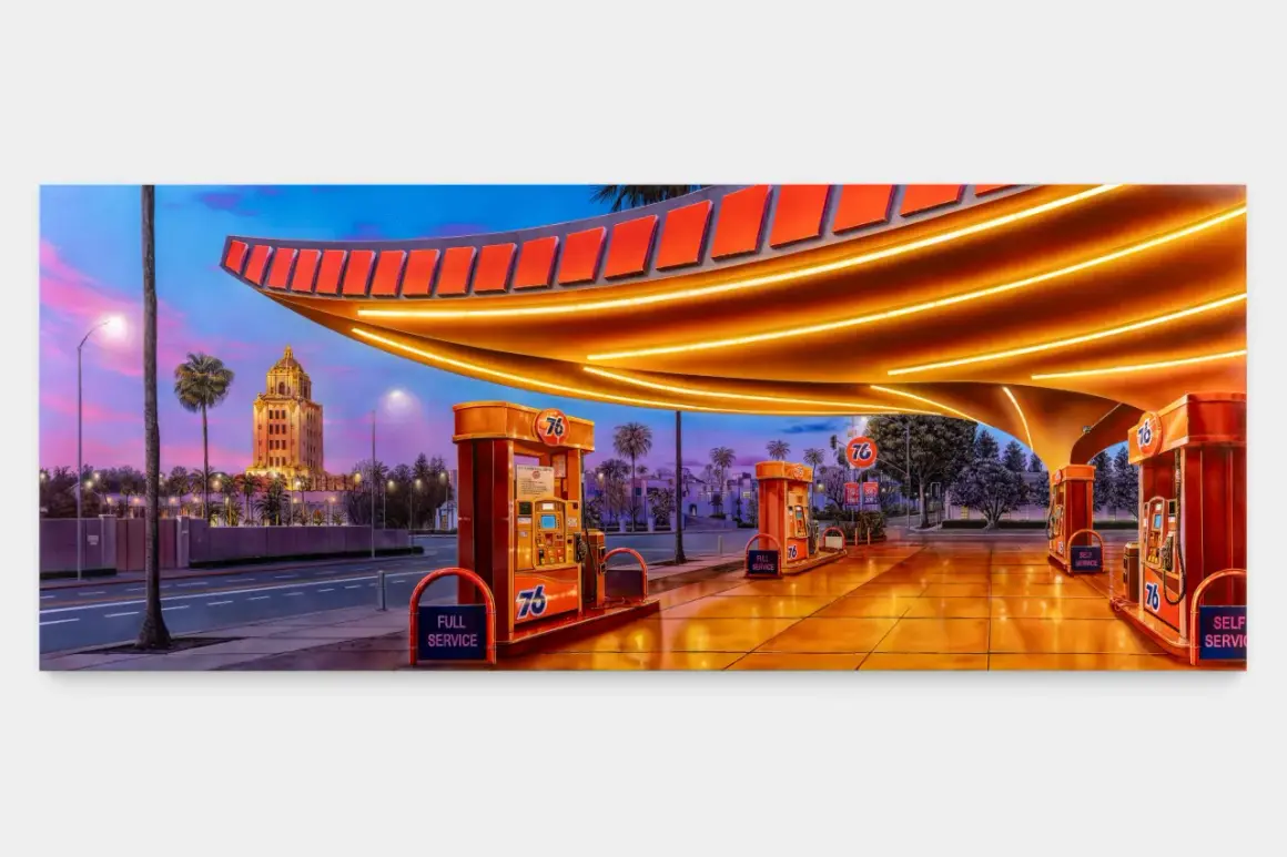 Alex Israel's vibrant painting captures a retro 76 gas station at dusk, with a grand building and palm trees in the background.