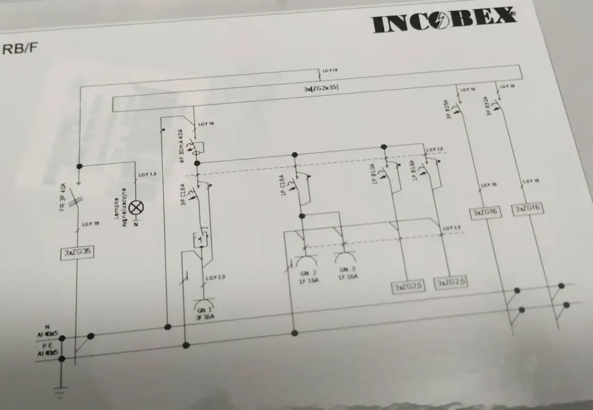 Schemat elektryczny układu TT z zabezpieczeniami, wyłącznikami i oznaczeniami przewodów.