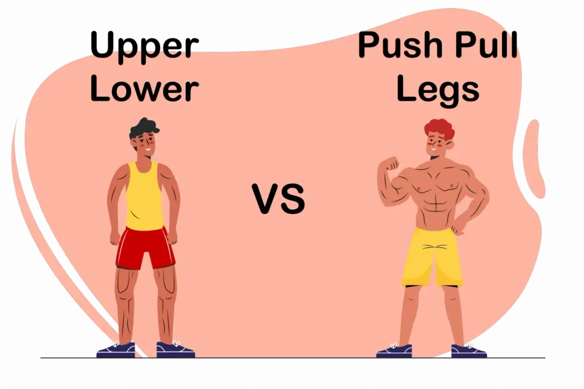 Zwei Männer, die verschiedene Workout-Splits repräsentieren: "Upper Lower" und "Push Pull Legs".