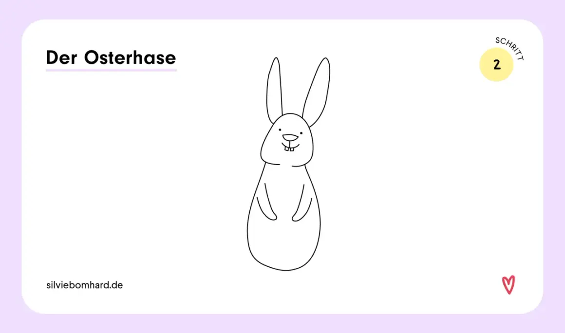 Einfache Strichzeichnung eines Osterhasen mit langen Ohren und zwei Zähnen.