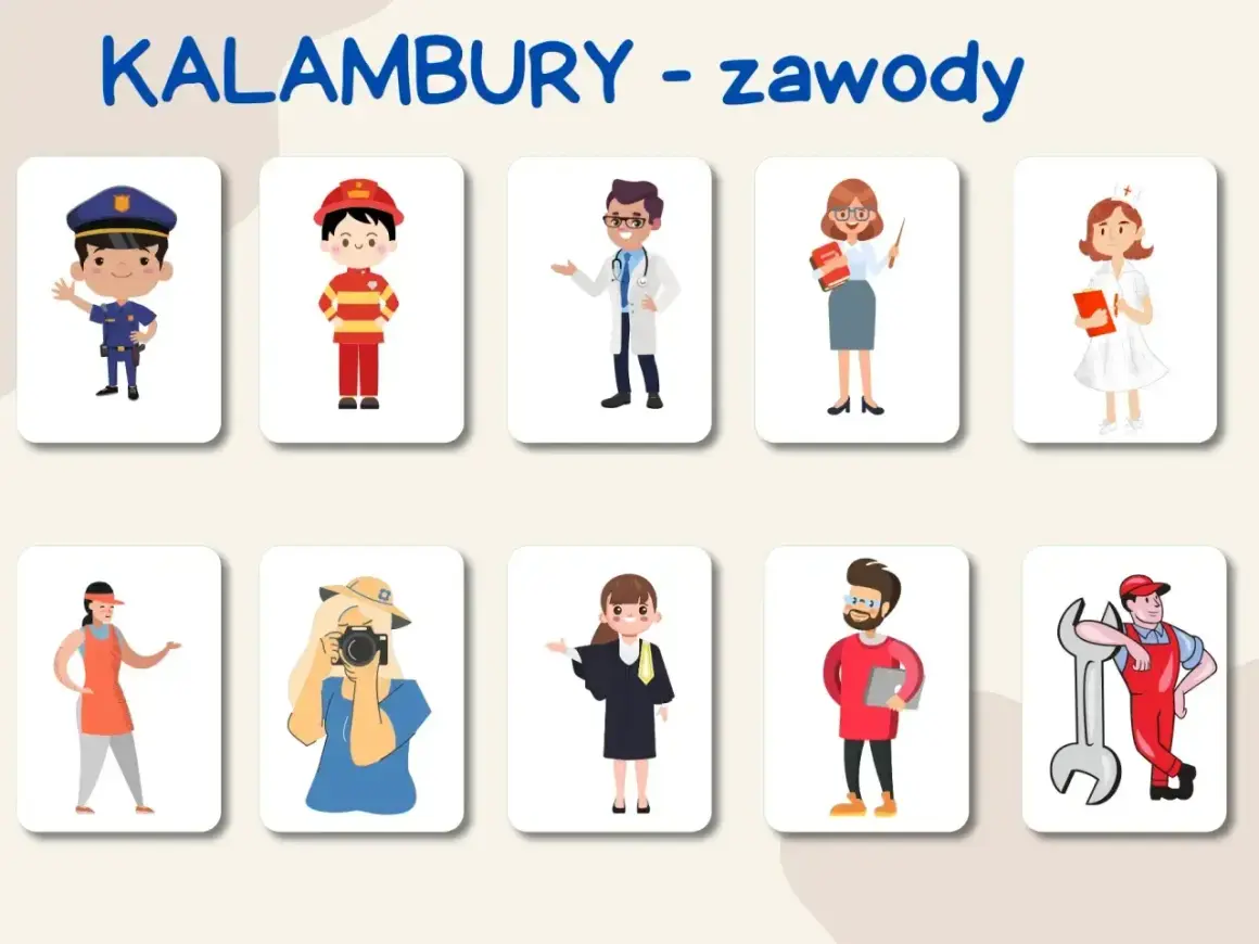 Kto to? Policjant, strażak, lekarz, nauczycielka, pielęgniarka, sprzedawczyni, fotografka, prawniczka, pracownik biurowy i mechanik. Kalambury co to? Zabawa z zawodami!