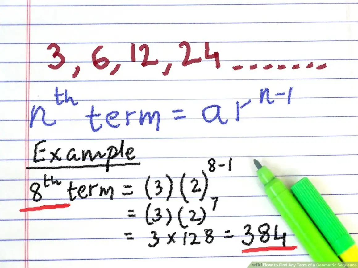 Przykład obliczania wyrazu ciągu geometrycznego: 3, 6, 12, 24... Wzór na n-ty wyraz: a*r^(n-1). Obliczono 8. wyraz: 384.