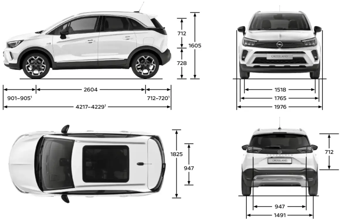 Opel Crossland: widok z boku, przodu, tyłu i z góry z wymiarami.