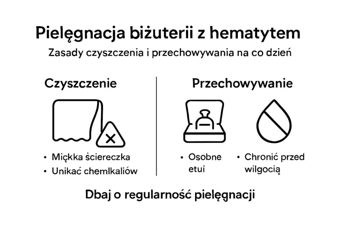 Instrukcja pielęgnacji biżuterii z hematytem: czyścić miękką ściereczką, unikać chemikaliów, przechowywać w etui i chronić przed wilgocią.