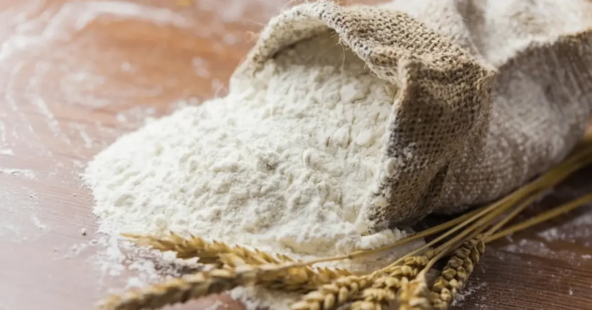 Wsypana z worka mąka pszenna i kłosy zbóż. To właśnie z nich powstaje gluten, kluczowy składnik wypieków.