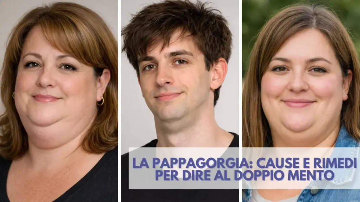 Tre persone sorridono, con un testo che parla di come eliminare il doppio mento.